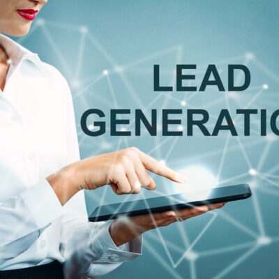 Lead Generation text with business woman Lead Generation text with business woman using a tablet